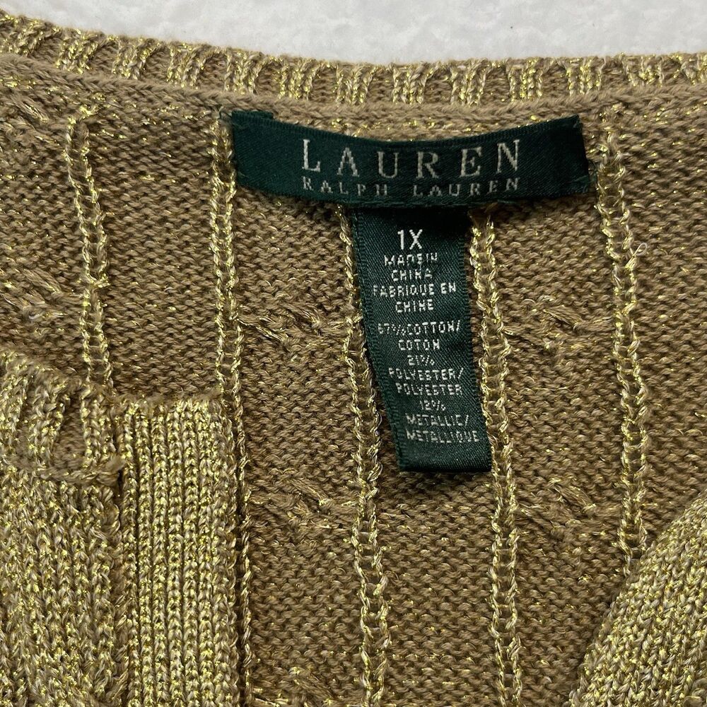 Ralph Lauren LRL Sweater Womens 1X Plus Gold Metallic Chunky Cable Knit Preppy